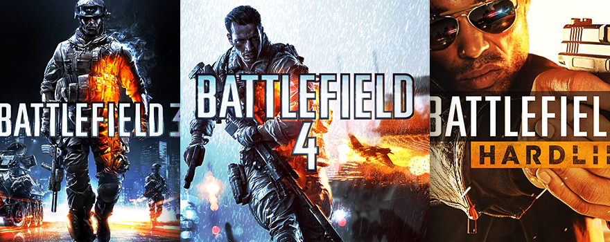 Cover art from Battlefield 3, Battlefield 4, and Battlefield Hardline